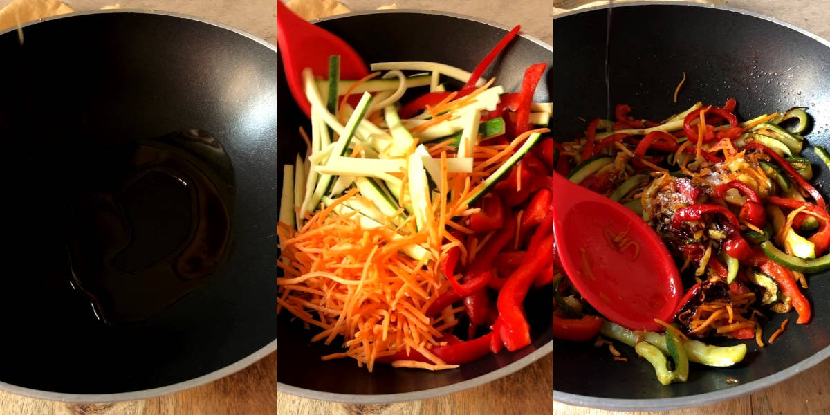 Scottare verdure nel wok e aggiungere salsa di soia