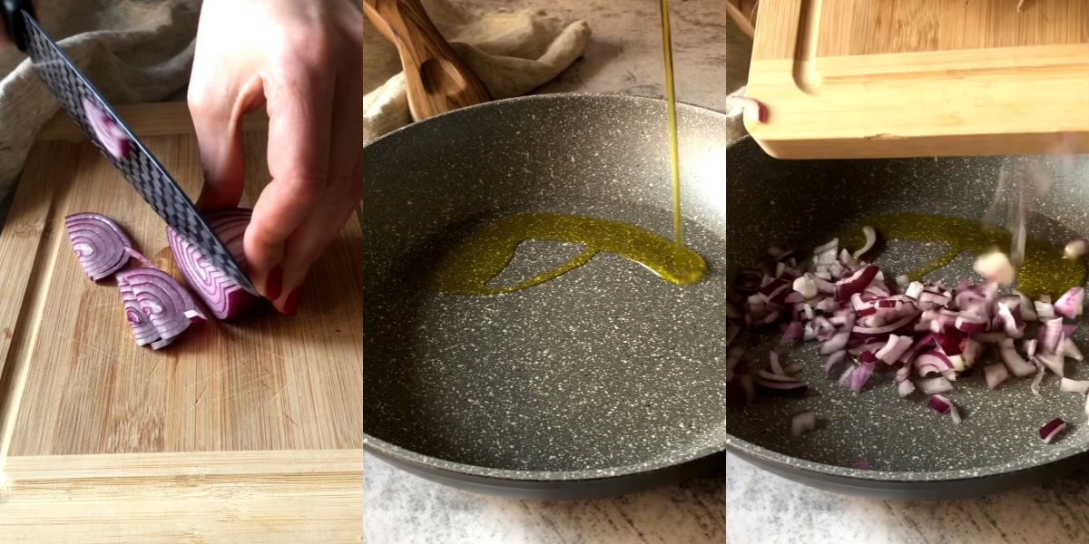 Tagliare e cuocere cipolla in padella