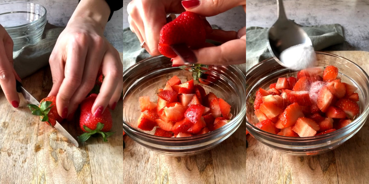 Tagliare fragole e aggiungere zucchero