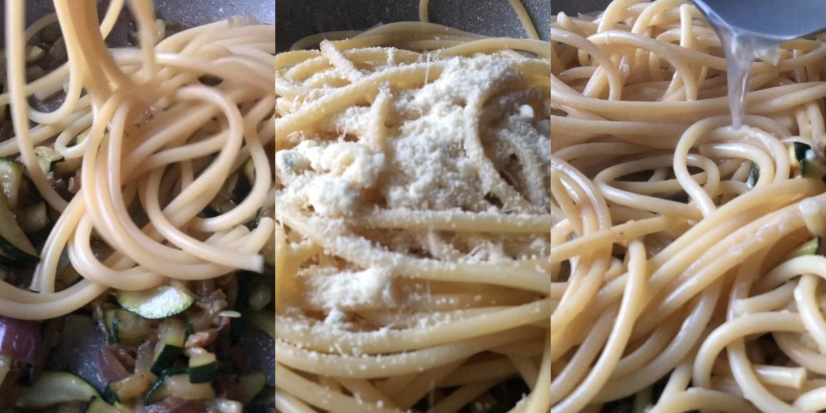 Mantecare pasta in padella con formaggio e acqua di cottura