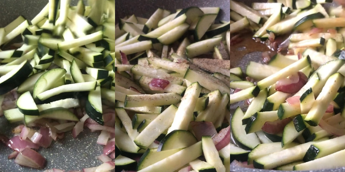Add zucchini to pan, cook, salt and pepper