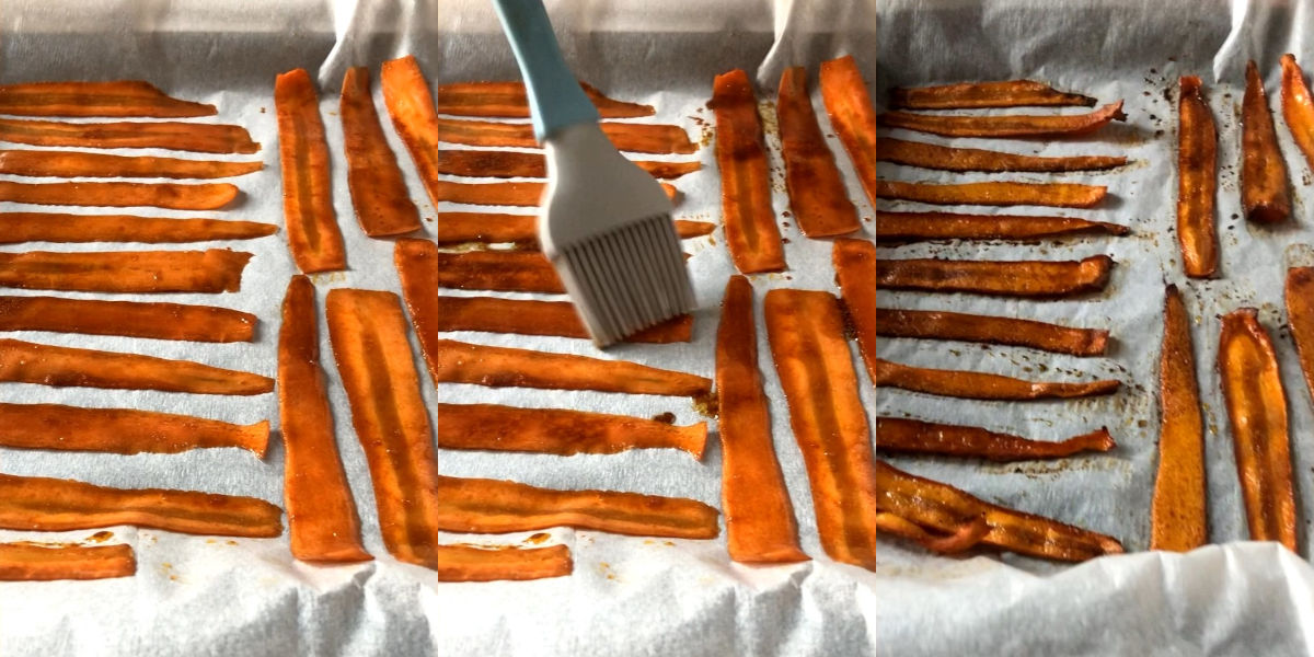 Disporre in teglia il bacon di carote e cuocere in forno