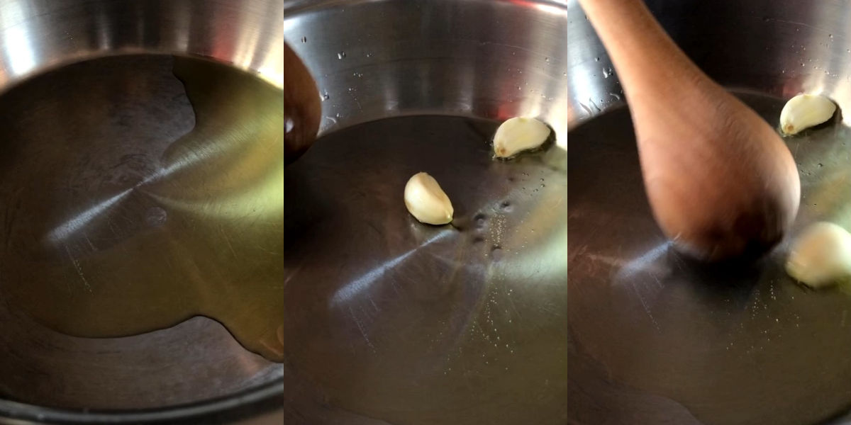 Scaldare olio e aglio in padella