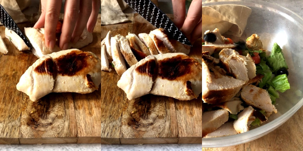 Tagliare il pollo e aggiungerlo all'insalata