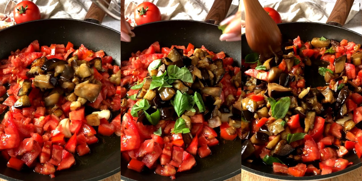 Aggiungere melanzane in padella con basilico fresco