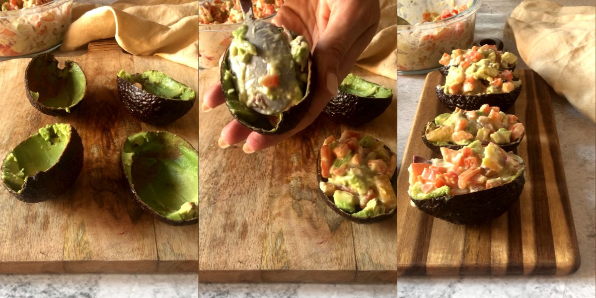 Stuff the avocado shells with stuffing