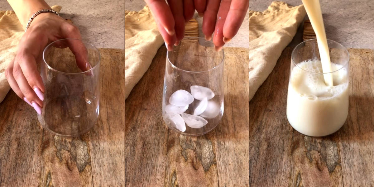 Versare il latte in un bicchiere con ghiaccio