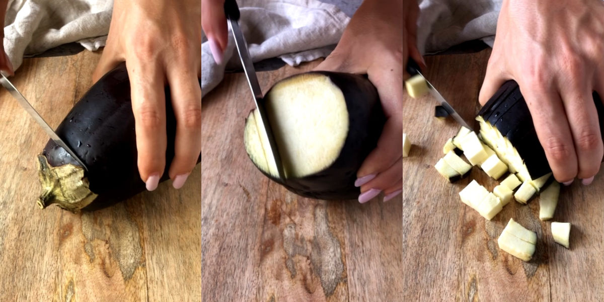 Cut eggplant into cubes