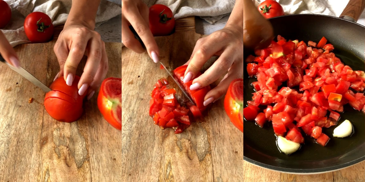 Cut the tomatoes and blanch them in a pan
