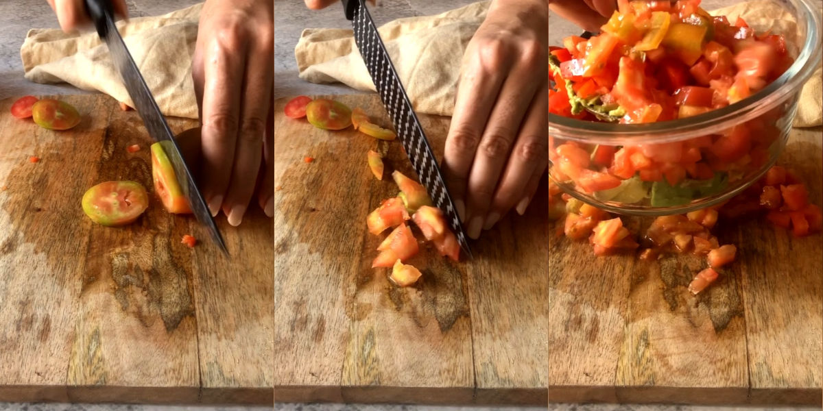 Cut tomatoes and add them to the bowl