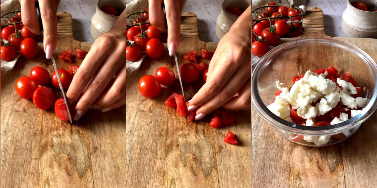 Mettere in una ciotola i pomodorini e la mozzarella tagliati