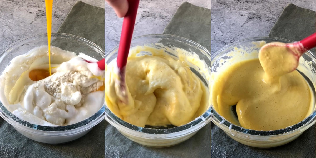 Add the egg yolks to the other ingredients being careful not to disassemble the mixture