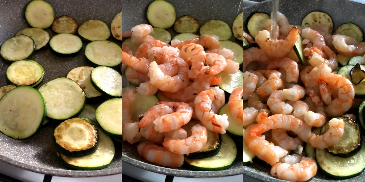 Cook zucchini and shrimp and deglaze with wine