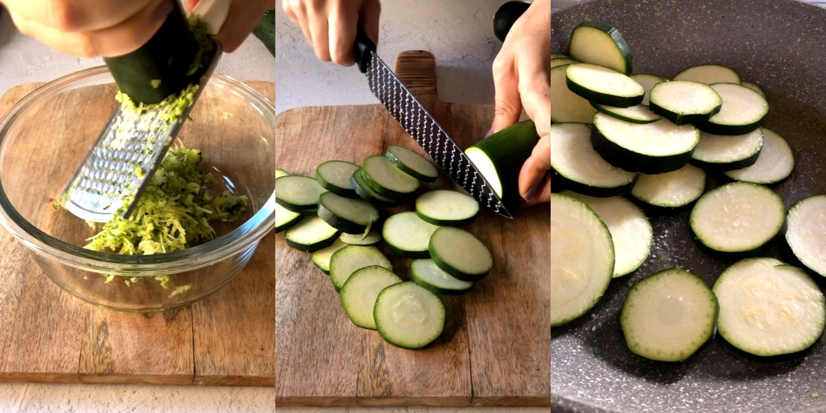 Grattugiare una zucchina, tagliare a rondelle le altre