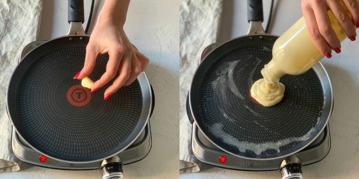 Butter pan and cook pancakes in bottle