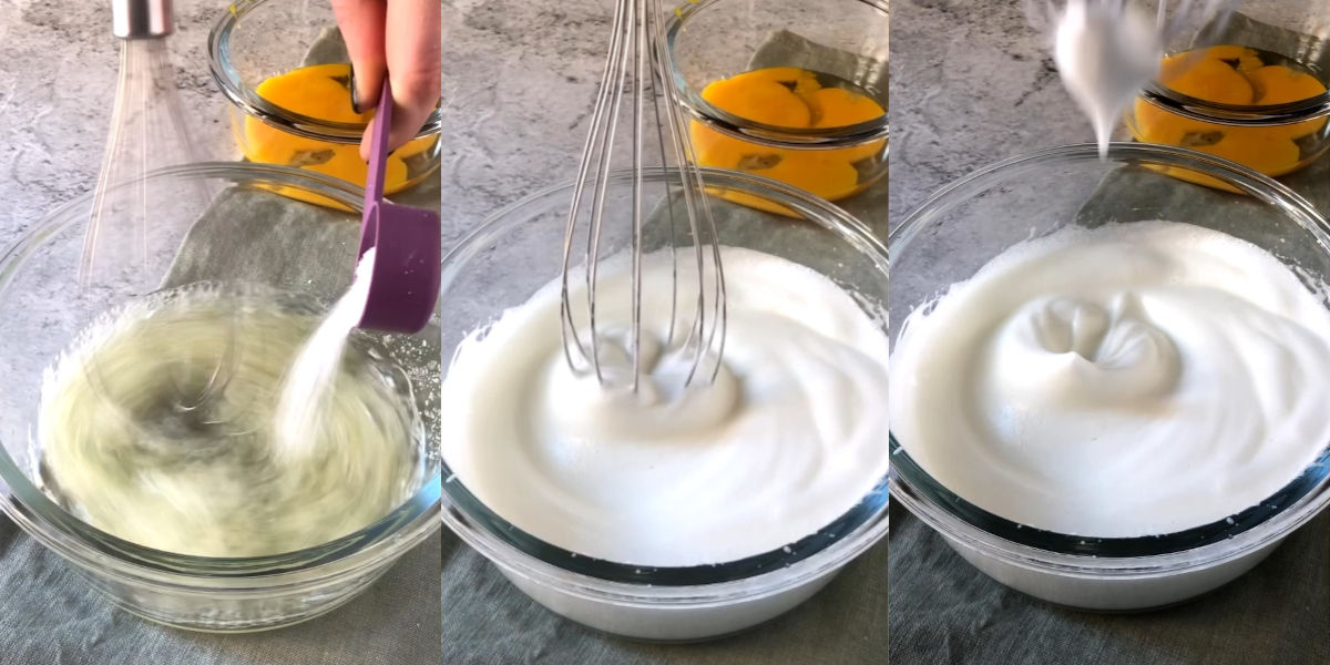 Beat the egg whites until stiff peaks form