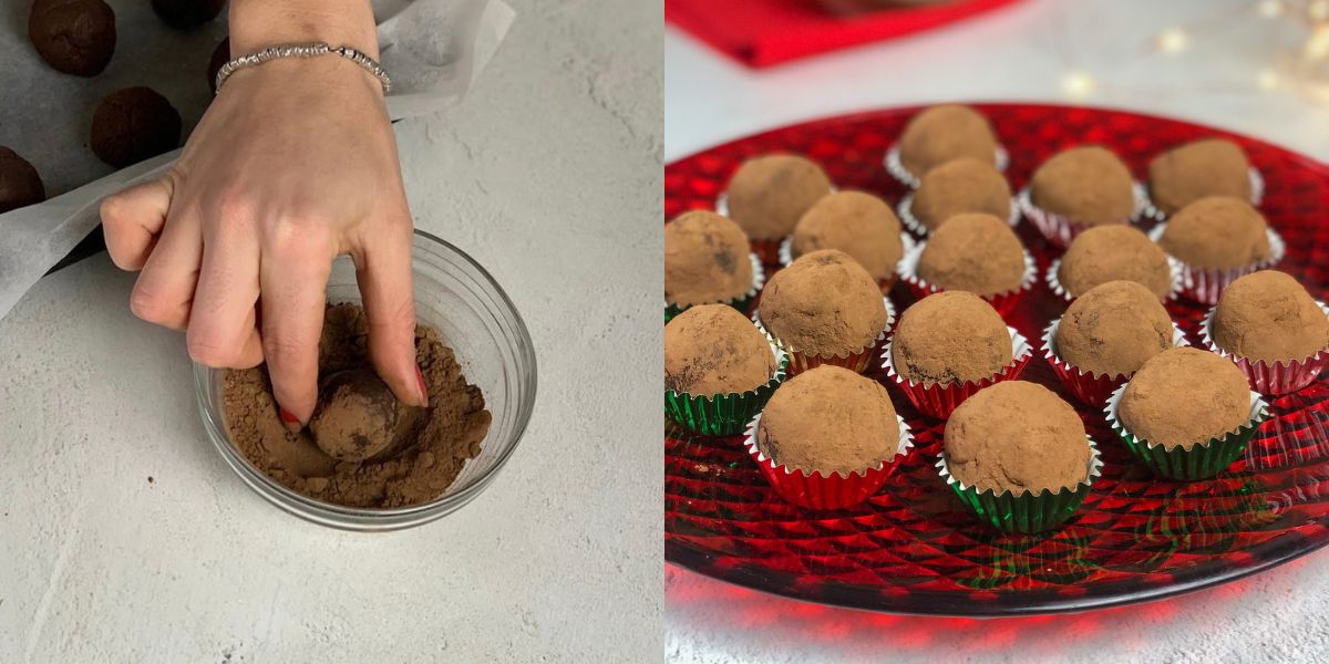 Dip the truffles in the cocoa and serve
