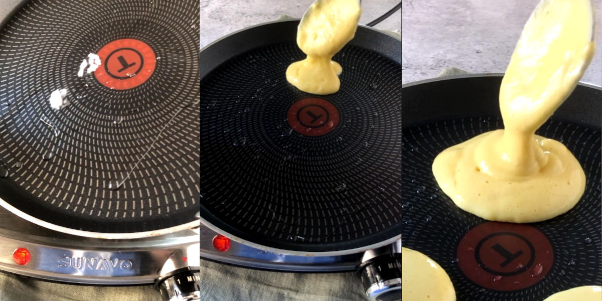 Grease pan and pour Japanese pancake mix