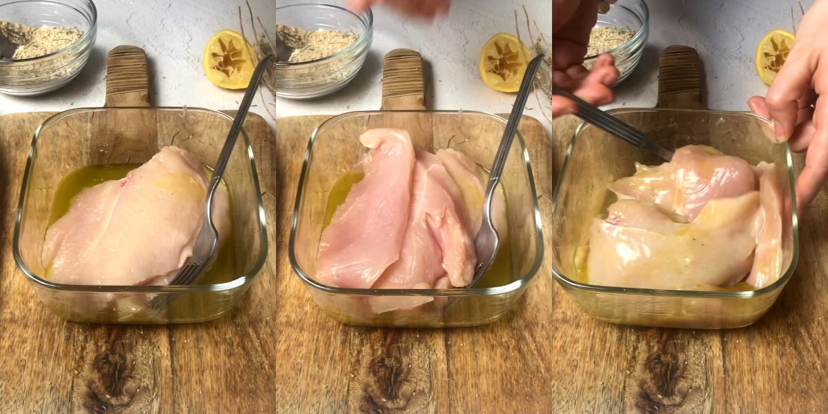 Inserire fette di pollo nell'emulsione con olio e limone