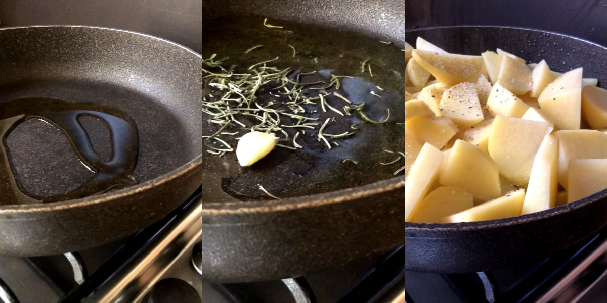 Heat oil in a pan and add garlic, herbs and potatoes