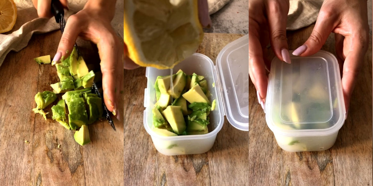 Tagliare avocado, aggiungere limone e mettere in un contenitore