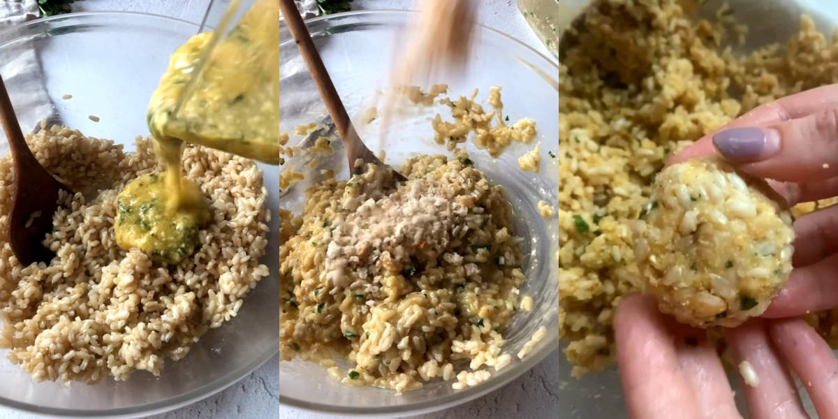 Unire composto di uova al riso, mescolare e creare polpette