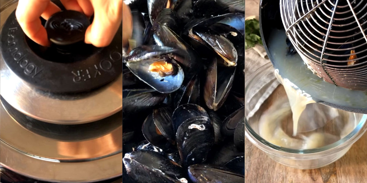 Cook mussels and strain liquid