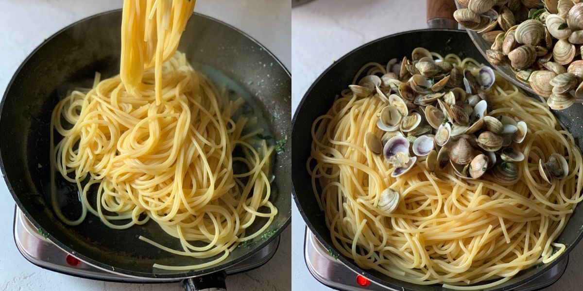 Cook spaghetti with clams