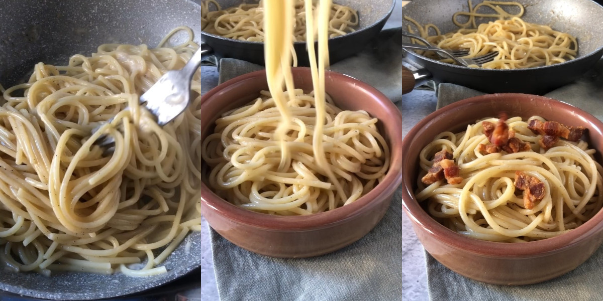 Stir in the pasta alla gricia and serve