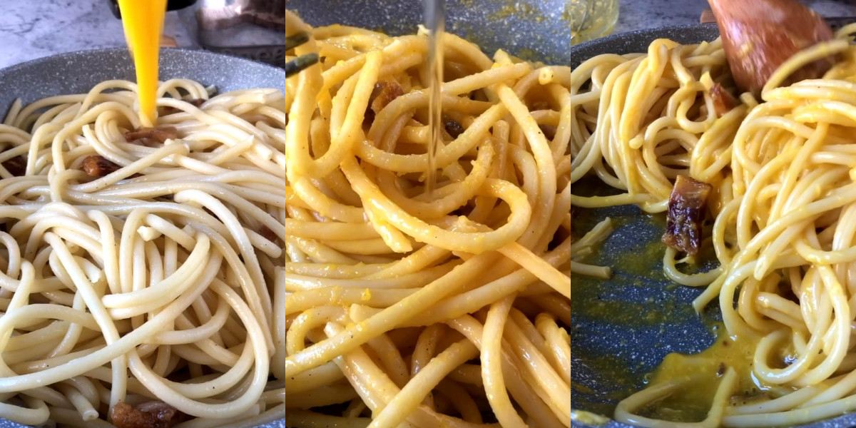 Stir the pasta with the egg cream