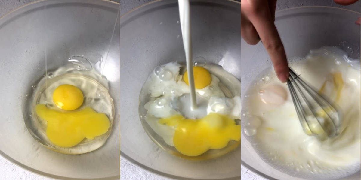 Mix the eggs, milk and sugar with a whisk