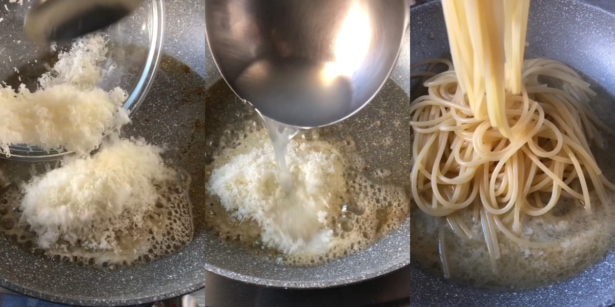 Add pecorino in the pan, cooked pasta and cooking water