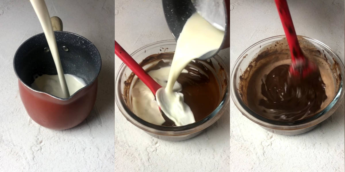 Heat cream and pour it into the remaining chocolate