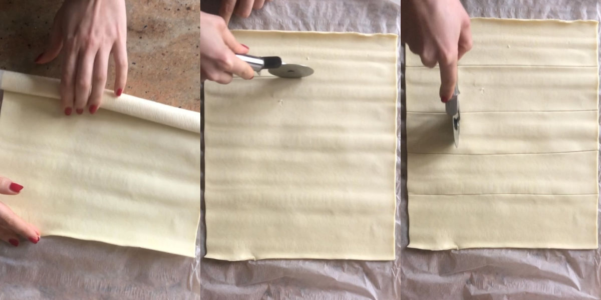 Unroll puff pastry and cut into squares