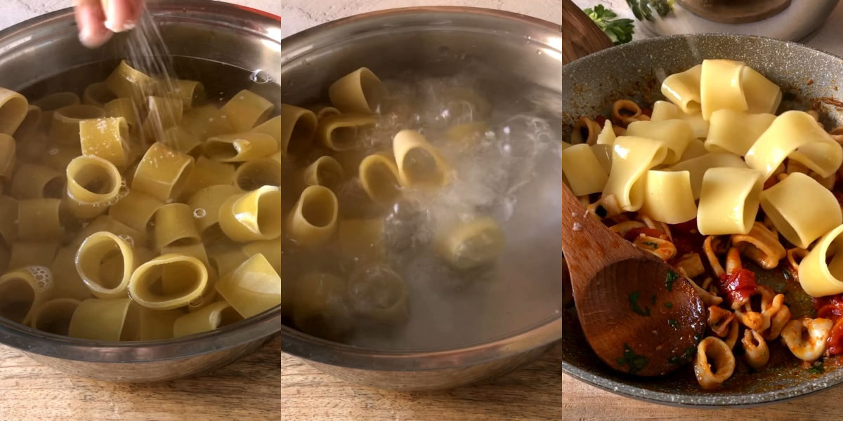 Cuocere la pasta al dente e aggiungerla in padella con il condimento