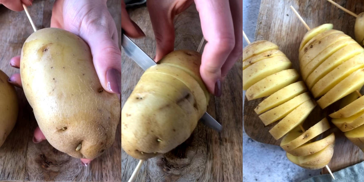 Skewer potatoes and cut them