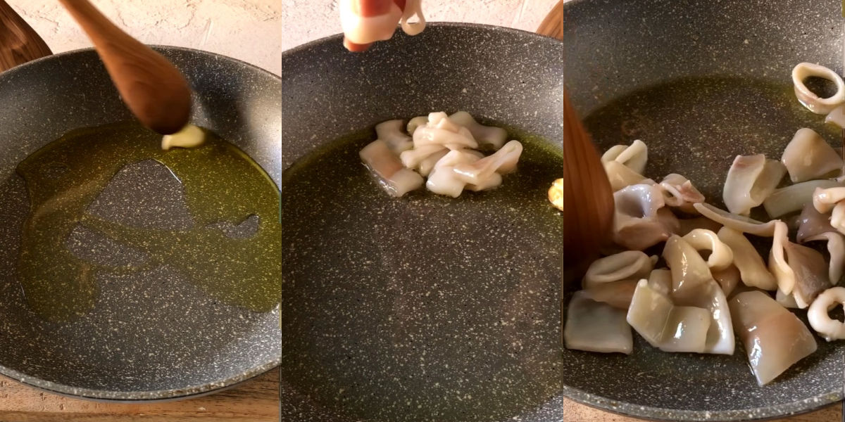 Scaldare olio con aglio e unire anelli di calamari