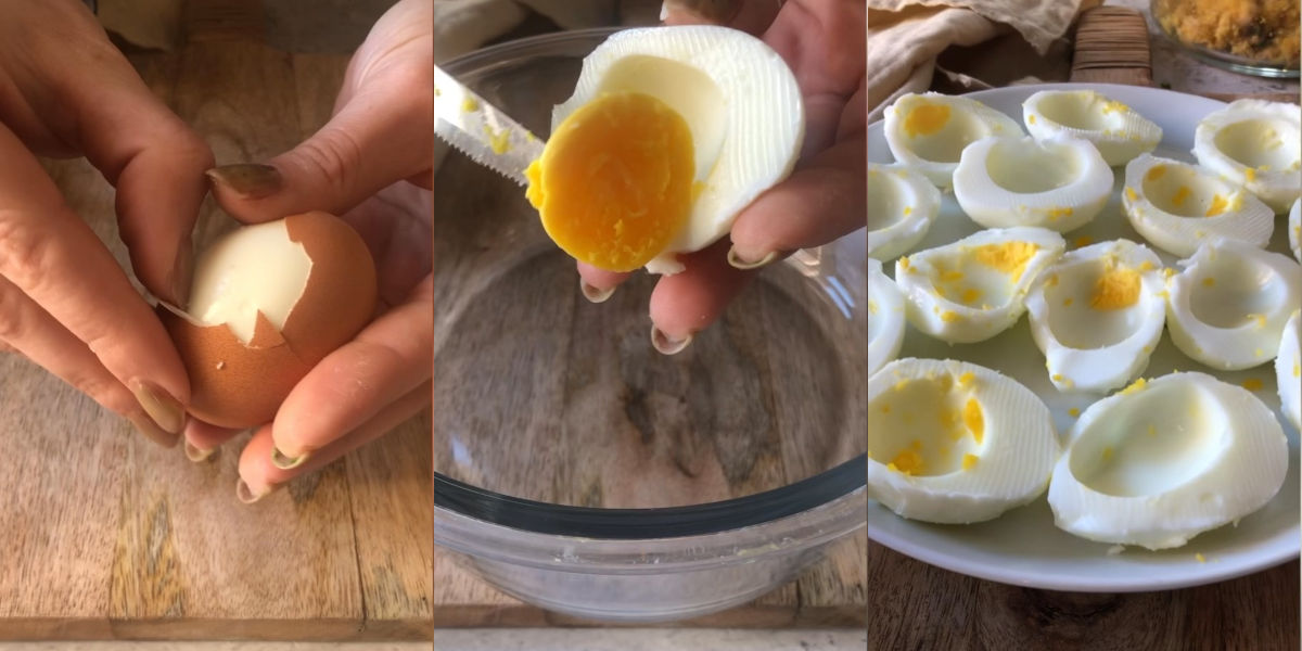 Shell hard-boiled eggs and separate yolks and whites