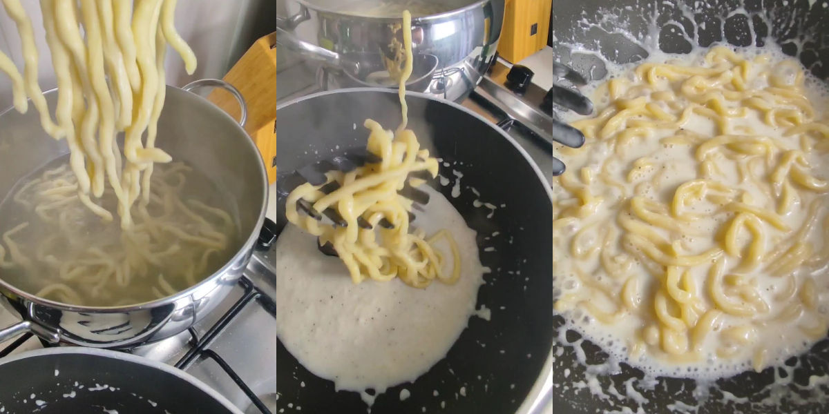 Aggiungere pici in padella con salsa