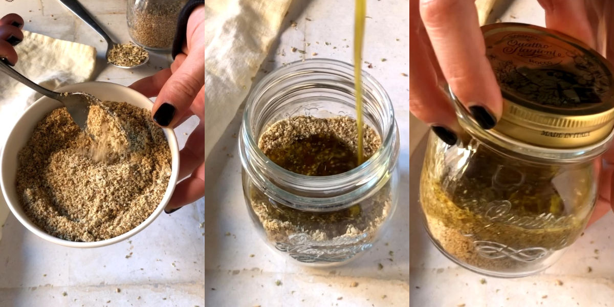 Mettere zaatar in un vasetto con olio