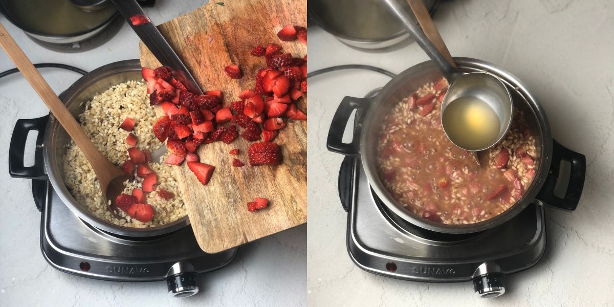 Add strawberries and a little broth