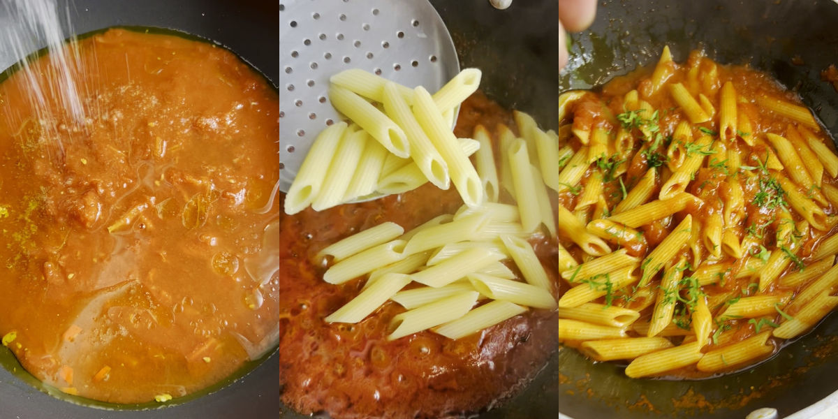Add pasta to the Arrabbiata sauce and serve