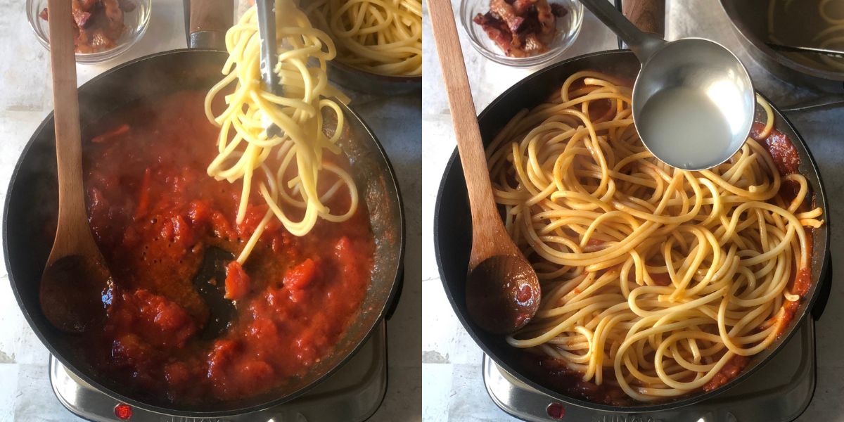 Add al dente pasta to the sauce