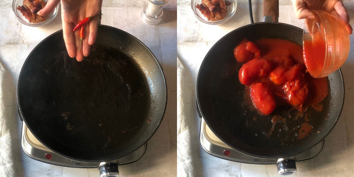 Pan-fried peeled tomatoes for amatriciana