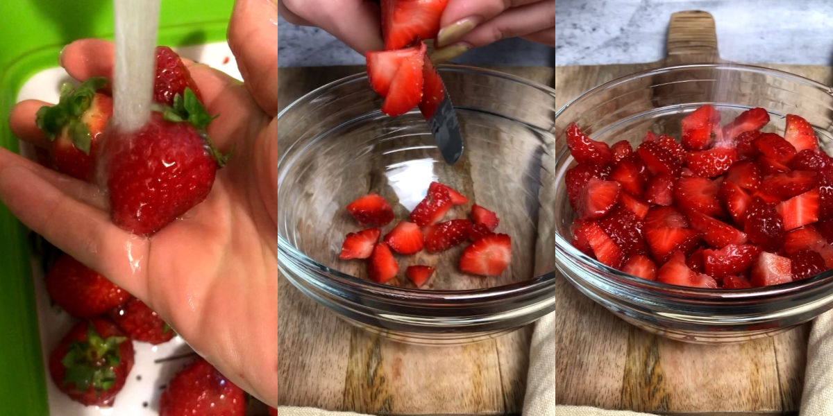 Rinse strawberries and cut them
