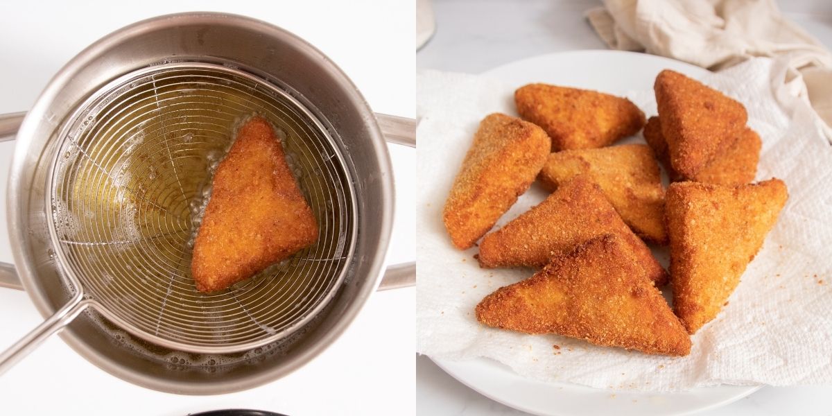 Drain the mozzarella in carrozza on a sheet of absorbent paper