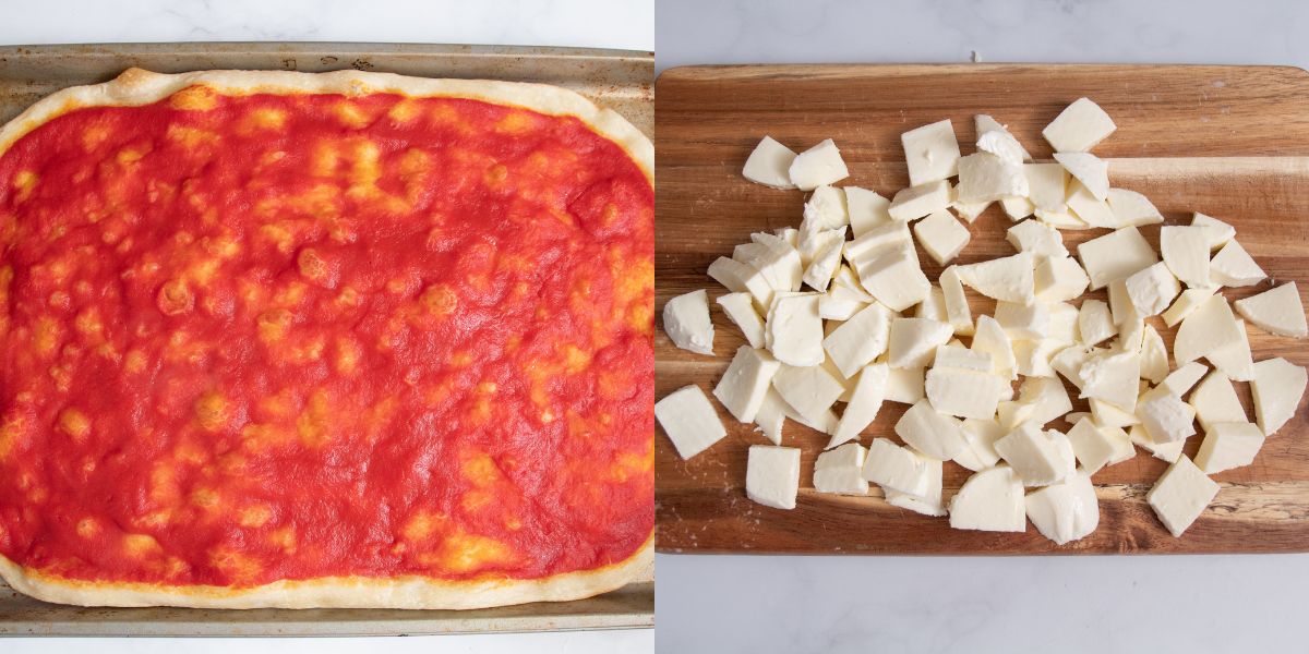 Sfornare la pizza e aggiungere la mozzarella a cubetti