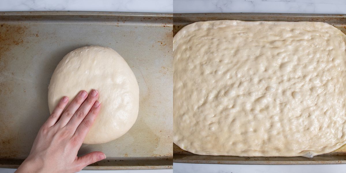 Spread pizza dough on pan