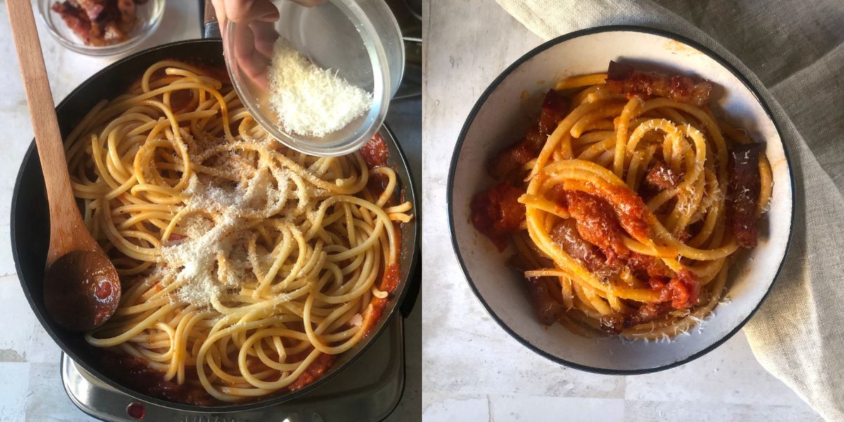 Finish and serve amatriciana pasta