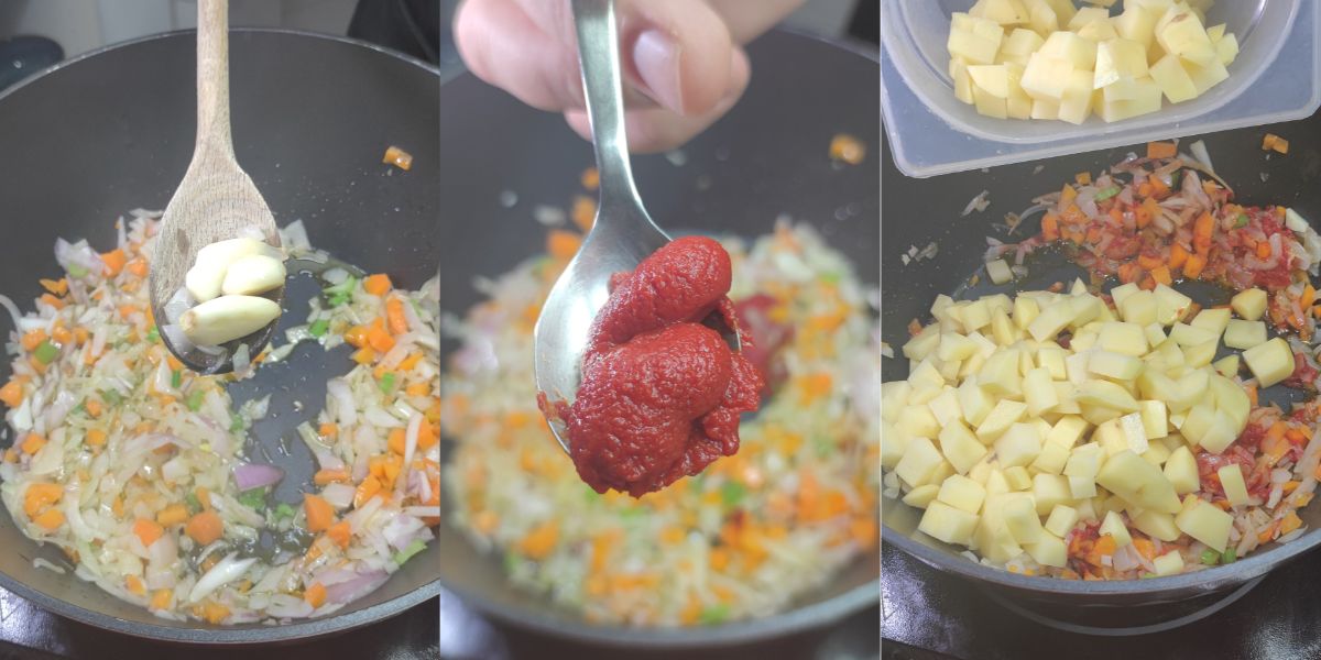 Togliere aglio, aggiungere concentrato di pomodoro e patate